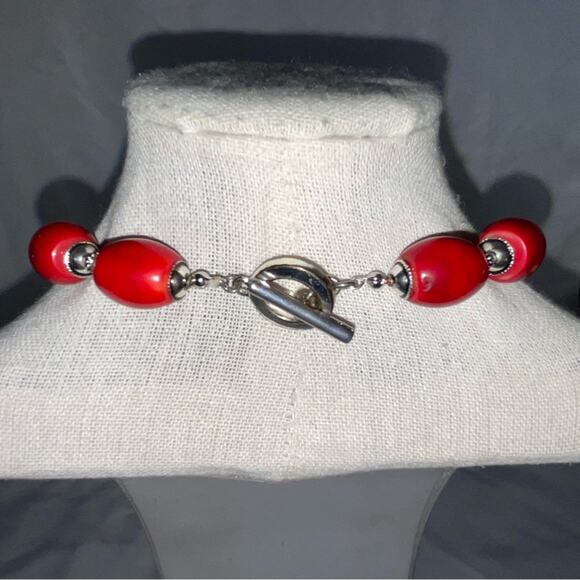 RED CORAL & SILVER TONE BEADED COLLAR NECKLACE 7.5” - Picture 4 of 8